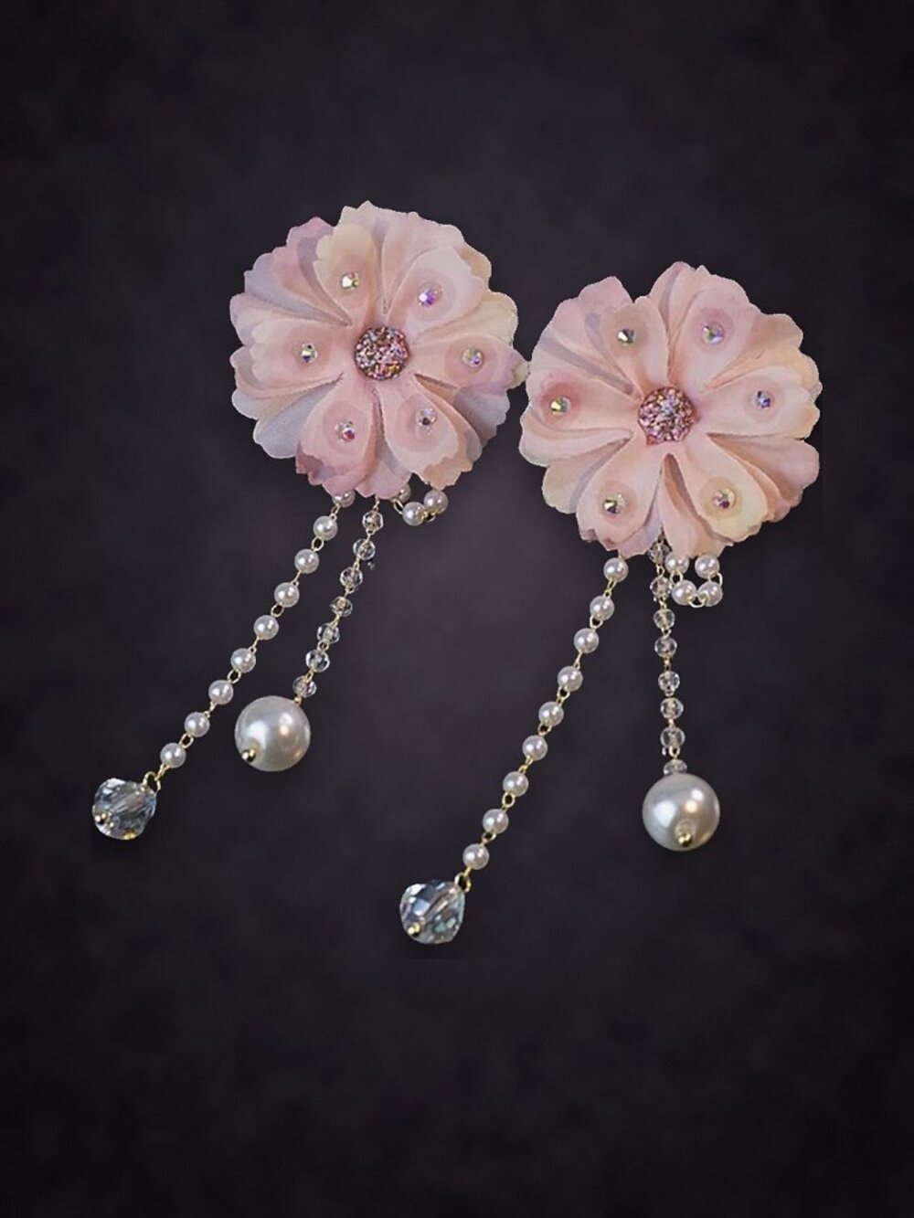 Pink Fabric Flower Earrings with Long Crystal Chain and Faux Pearl Drops NWT